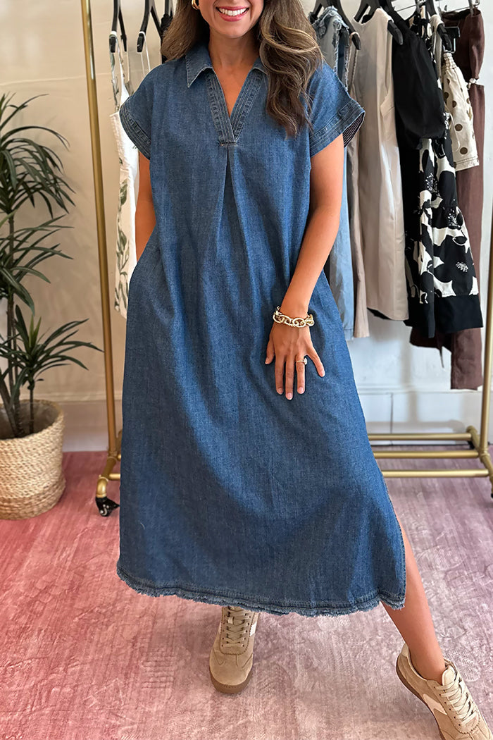Cap Sleeve Frayed Hem Denim Midi Dress
