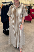 Collared Cuffed Short Sleeve Pocket Mocha Stripe Maxi Dress