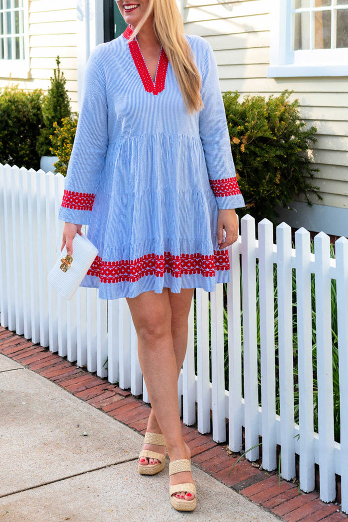 Casual V-Neck Striped Embroidered Dress