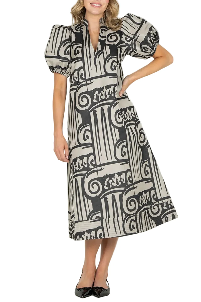Jacquard Puff Sleeve A‑Line Maxi Dress