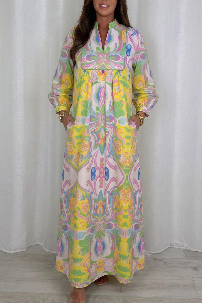 Casual V-Neck Retro Print Maxi Dress