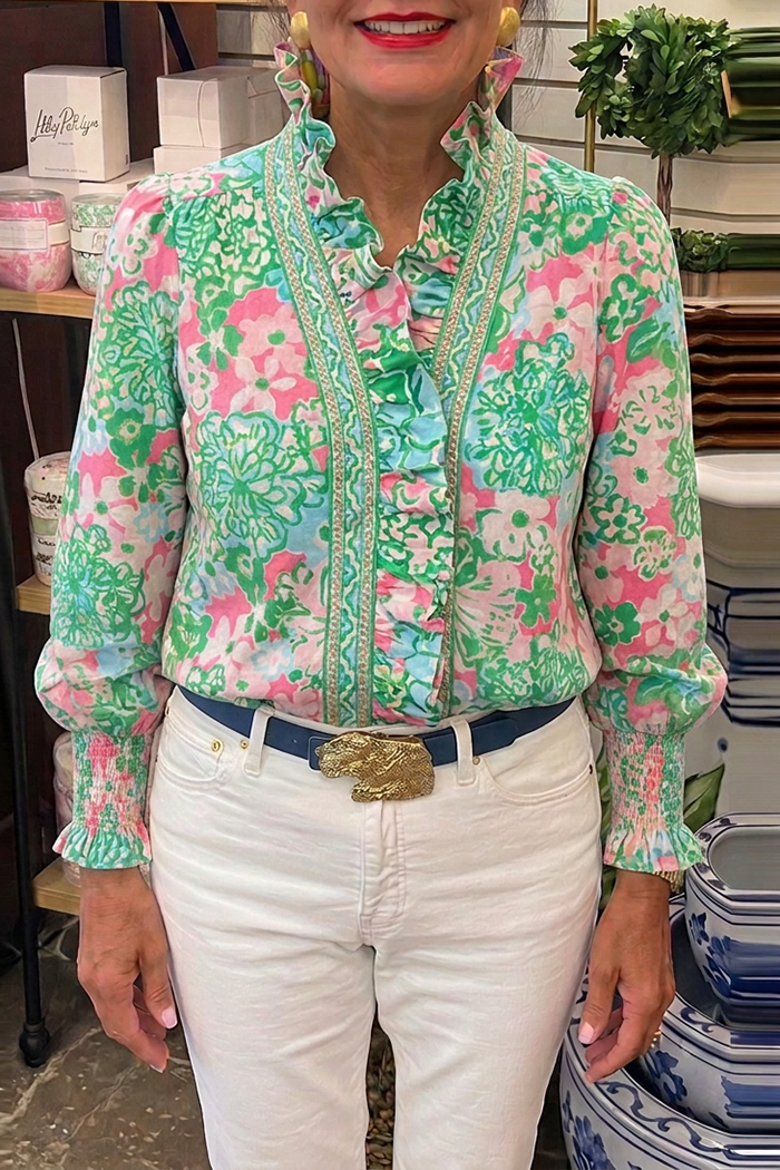 Casual Floral Print Ruffles Top