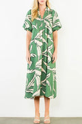 Geometric Print Collared Puff Sleeve Smocked Maxi Dress