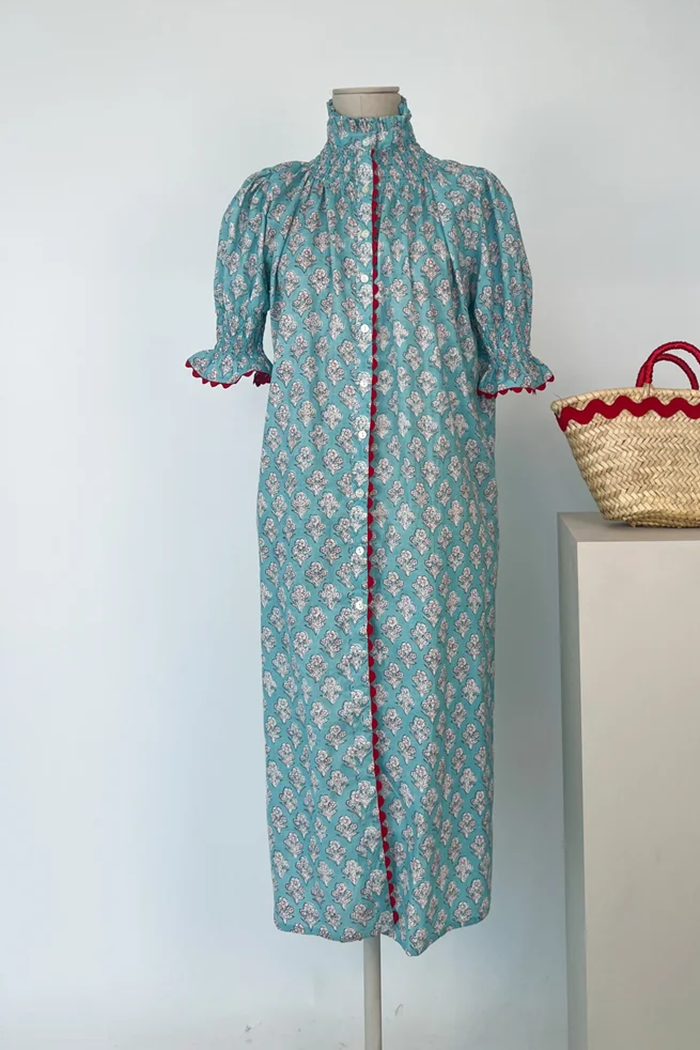 Turquoise Puff Short Sleeve Smocked Ruffle Neck Floral Dress