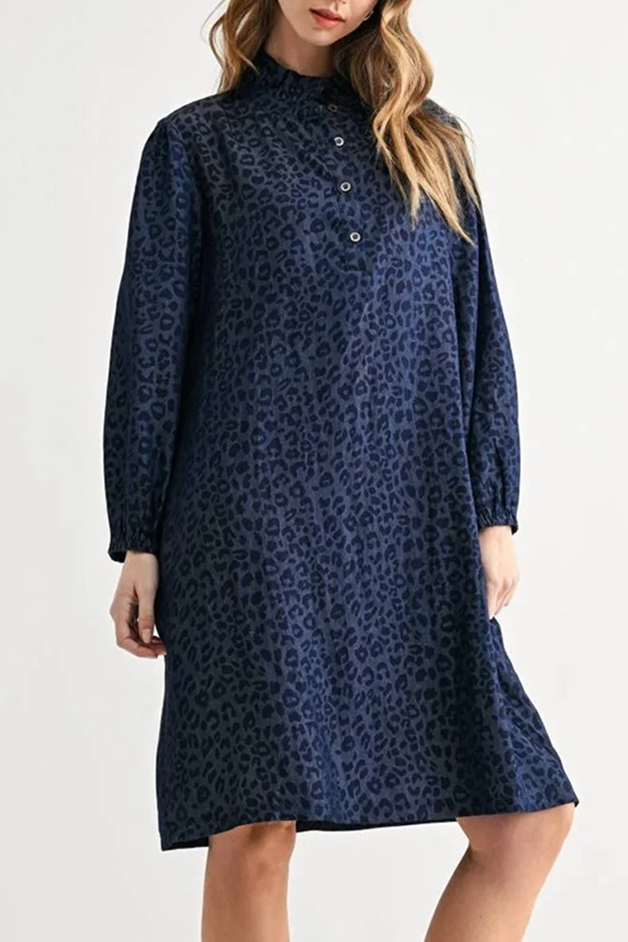 Leopard Print Ruffle Mock Neck Half Button Long Sleeve Dress