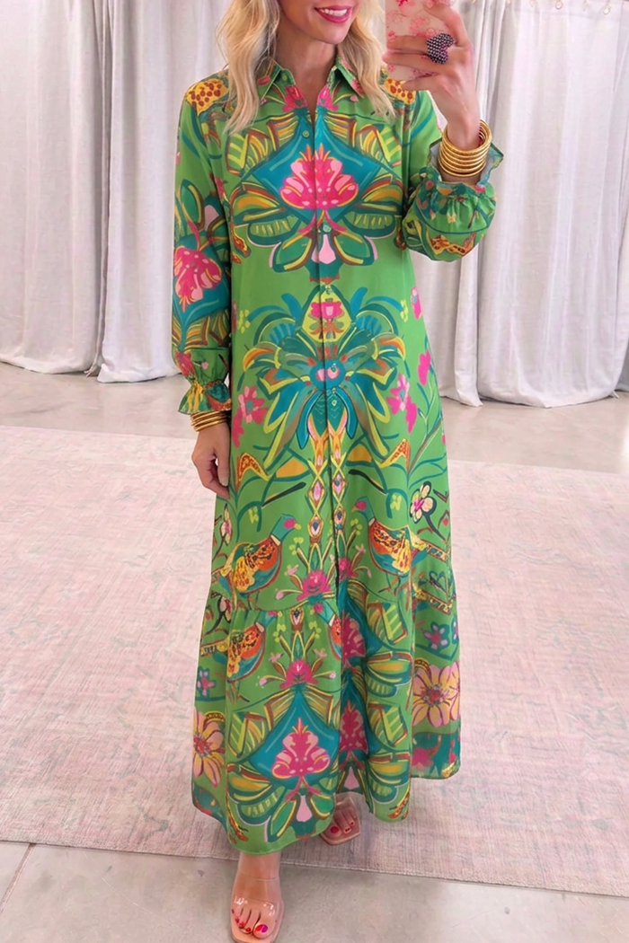 Floral Button Front Long Sleeve Maxi Dress