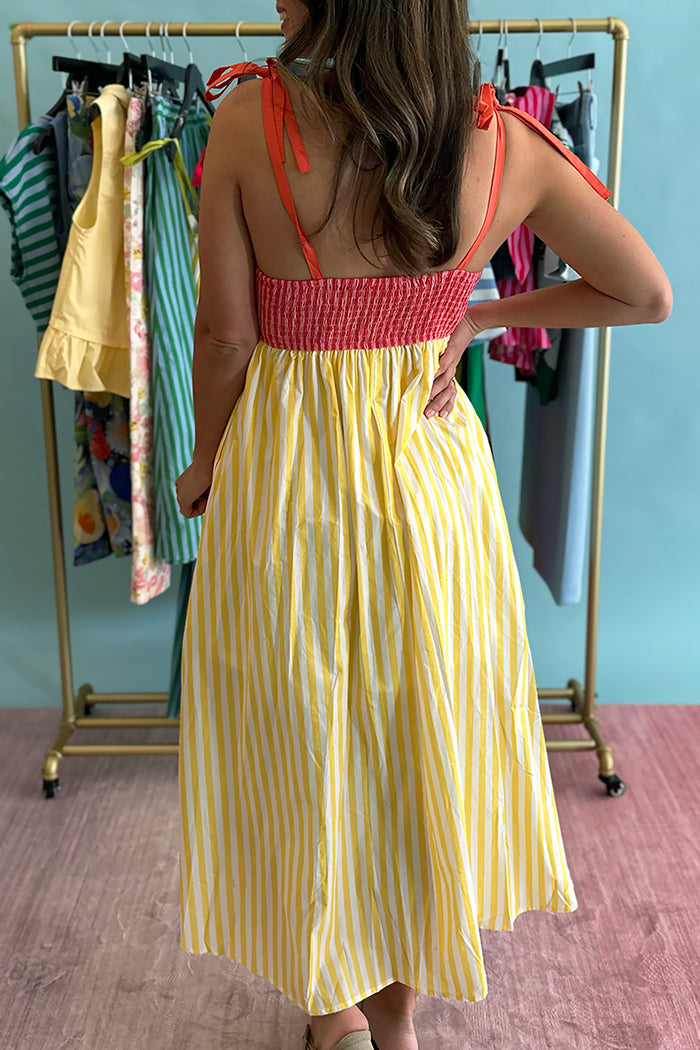 Adjustable Tie Strap Contrast Stripe Scalloped Midi Dress