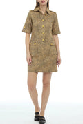 Cheetah Print Collared Short Sleeve Flap Pocket Dress