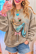 Vintage Washed Taupe Mermaid Print Crewneck Sweatshirt