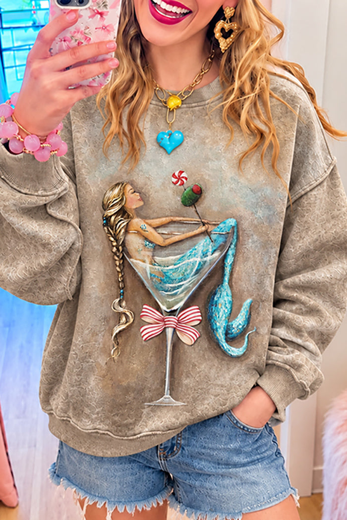 Vintage Washed Taupe Mermaid Print Crewneck Sweatshirt