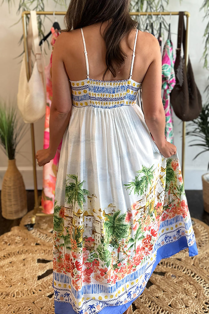 Spaghetti Strap Tropical Scenic Print Midi Dress
