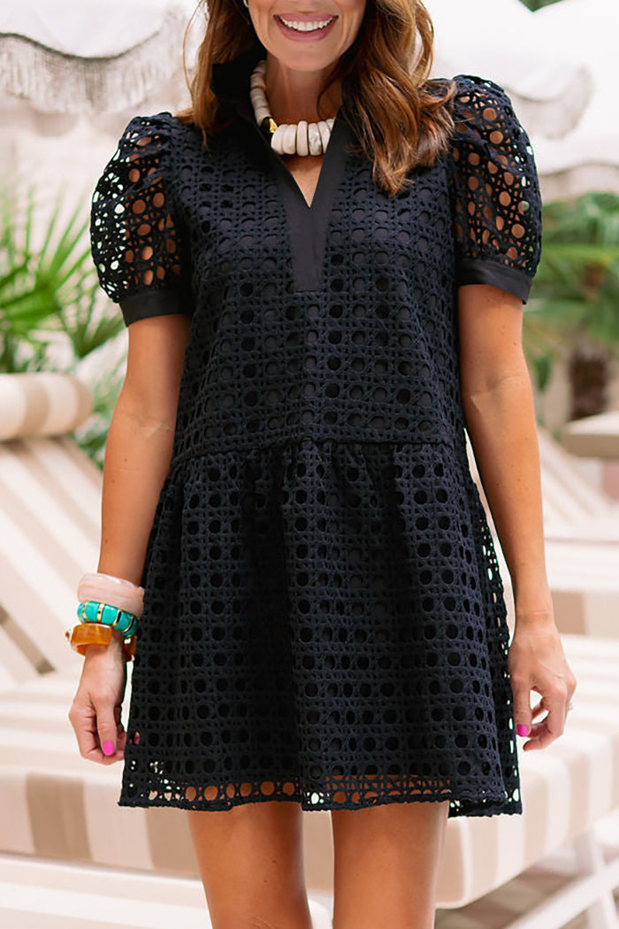 Puff Sleeve Eyelet Lace Tiered Dress
