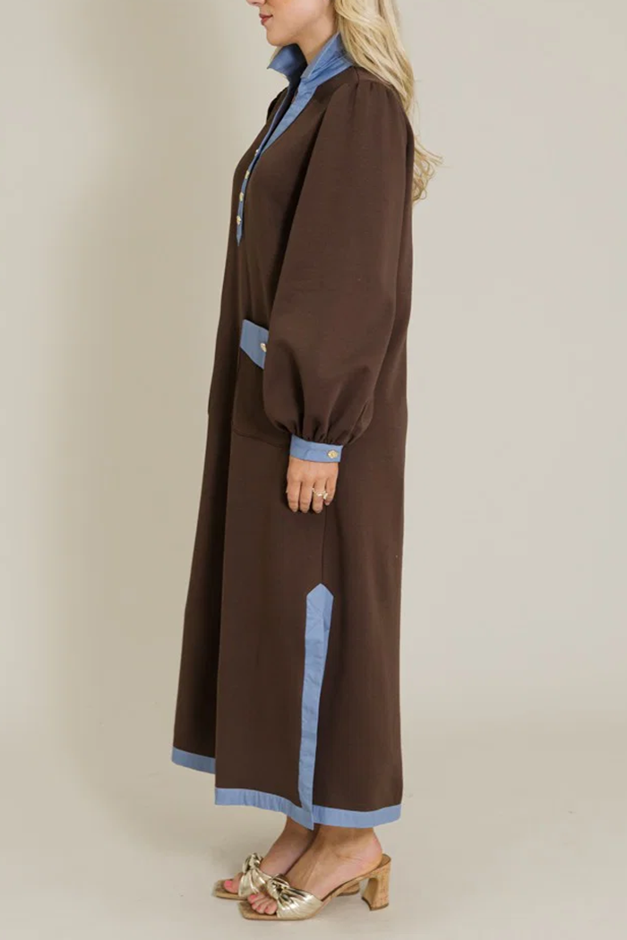 Contrast Trim Puff Sleeve Patch Pockets Side Slits Maxi Dress