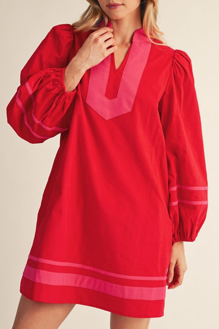 Corduroy Contrast Trim Stand Collar Long Sleeve Pocket Dress