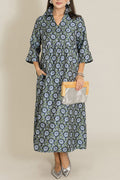 Floral Jacquard Collared 3/4 Sleeve Pocket Maxi Dress
