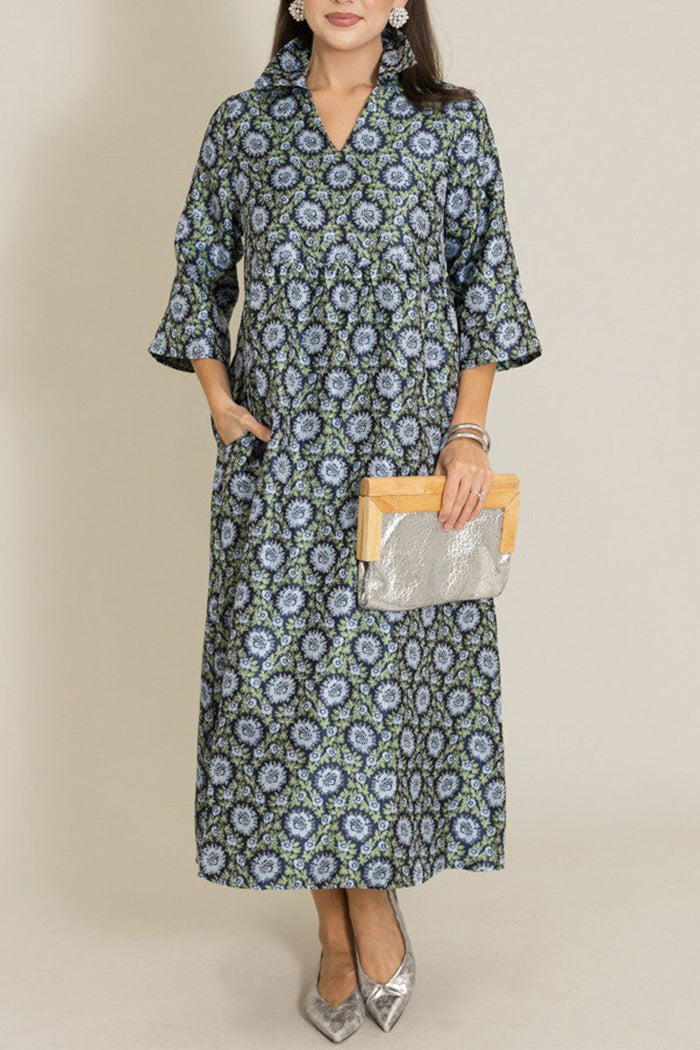 Floral Jacquard Collared 3/4 Sleeve Pocket Maxi Dress