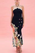Black Lace Trim Halter Floral Bird Dress