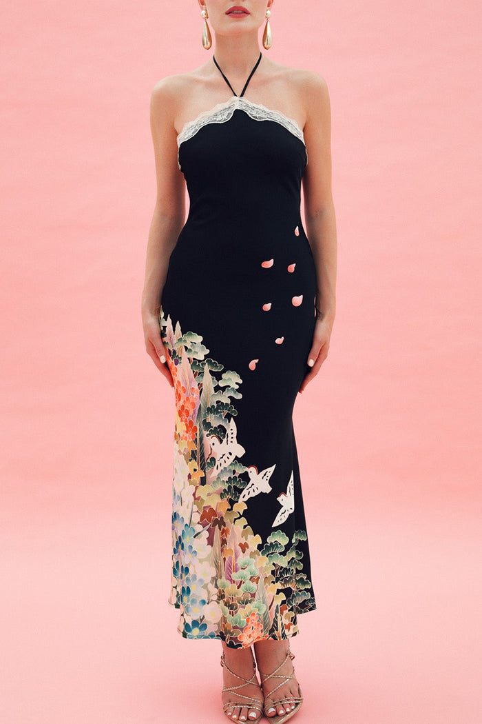 Black Lace Trim Halter Floral Bird Dress