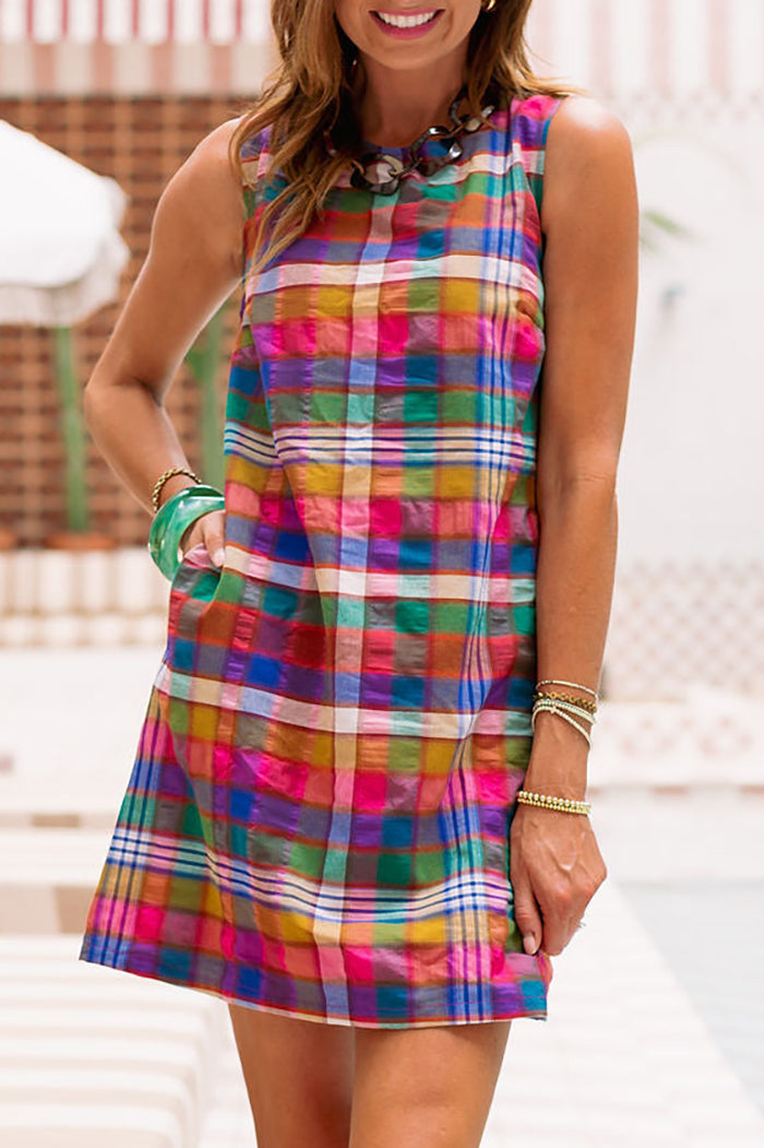 Sleeveless Madras Plaid Shift Dress