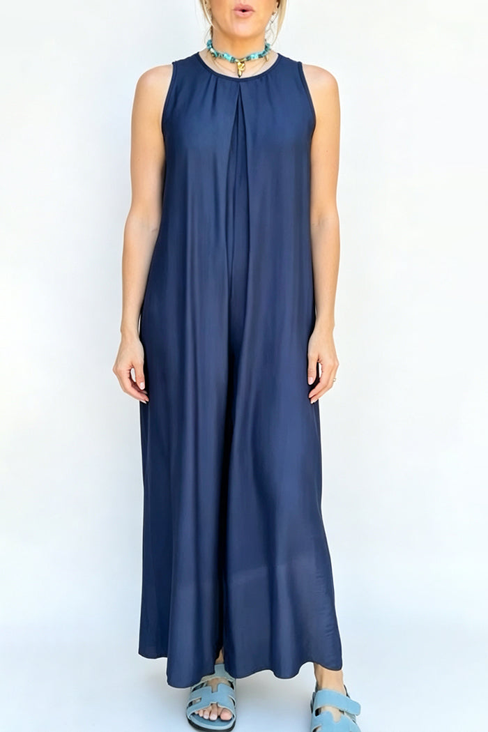 Navy Sleeveless Front Pleat Maxi Dress