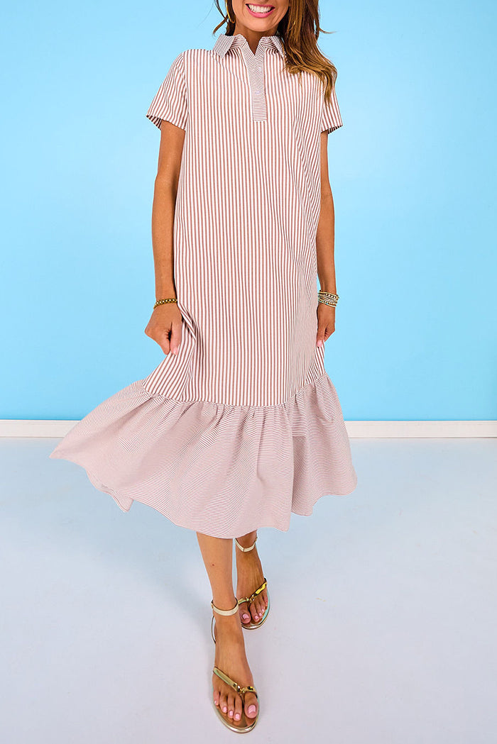Mixed Stripe Collared Short Sleeve Tiered Maxi Dress