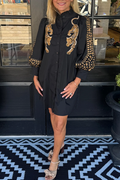 Black Ruffle Collar Balloon Sleeve Cheetah Dress