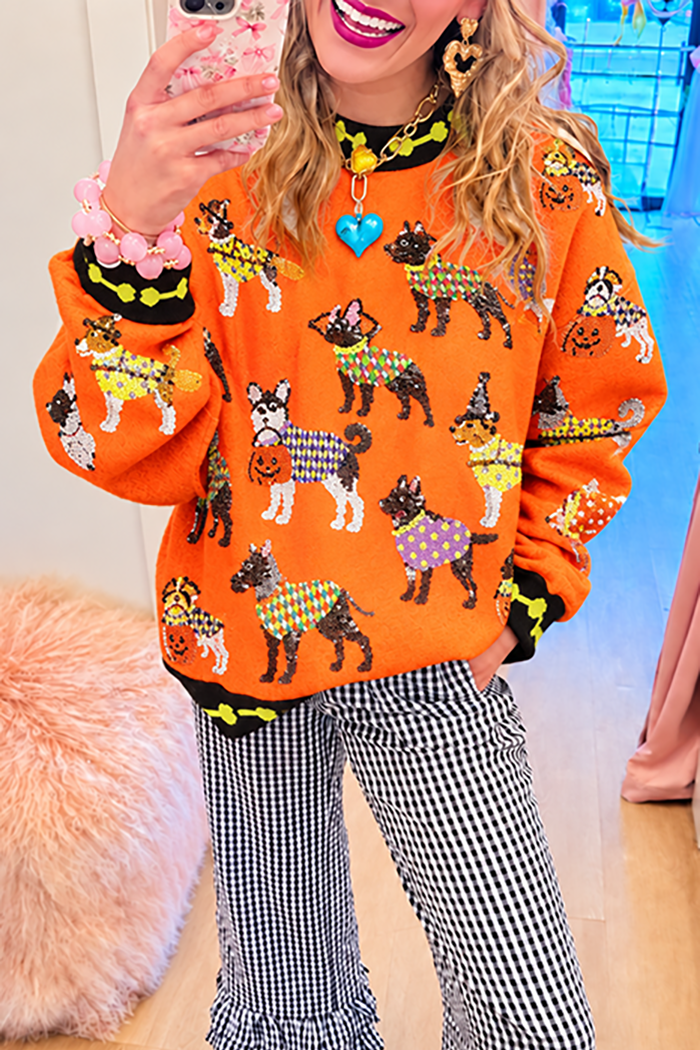 Orange Puppy Pumpkin Sequin Crewneck Sweatshirt
