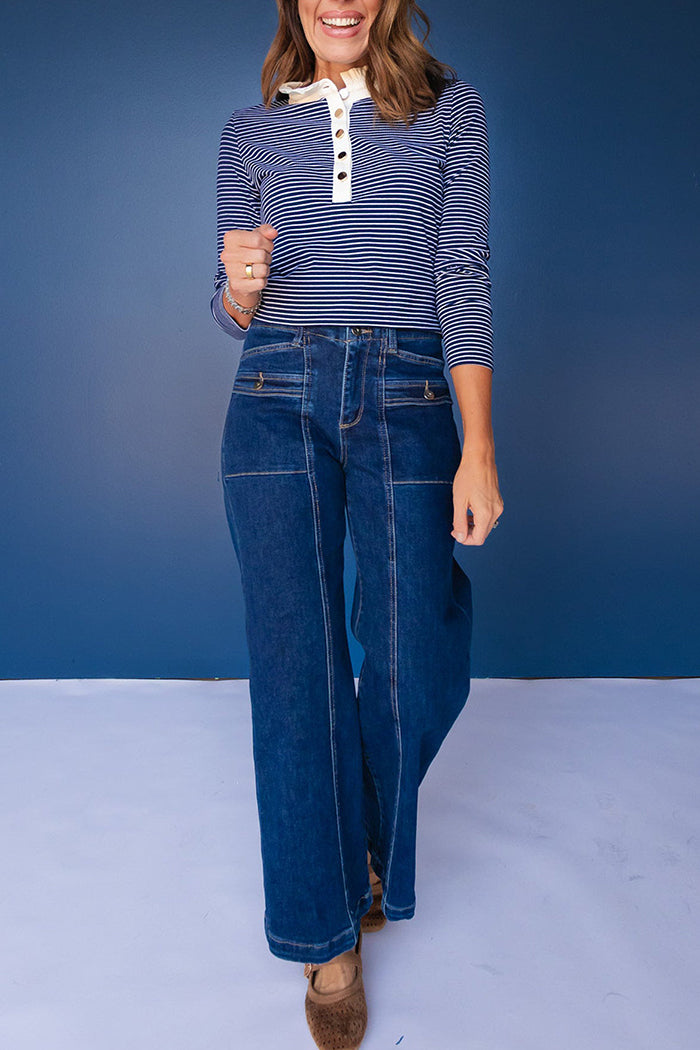 Stripe Ruffle Collar Henley Placket Long Sleeve Top