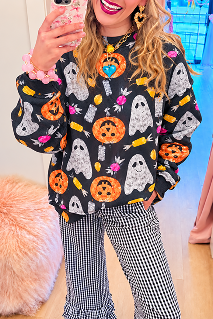 Halloween Sequin Ghost Pumpkin Crewneck Sweatshirt