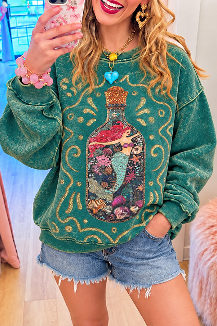 Vintage Washed Green Mermaid Print Crewneck Sweatshirt